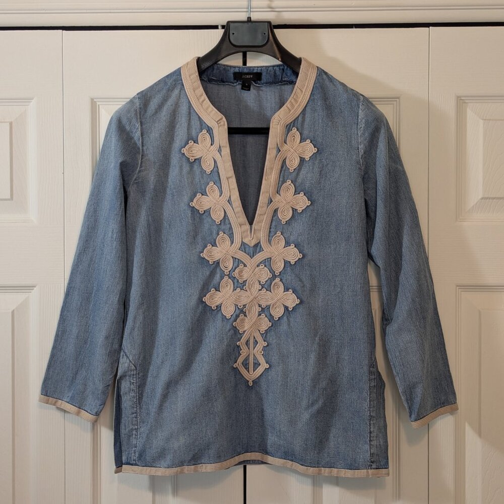 J.Crew Blue Soutache-Embroidered Chambray Tunic